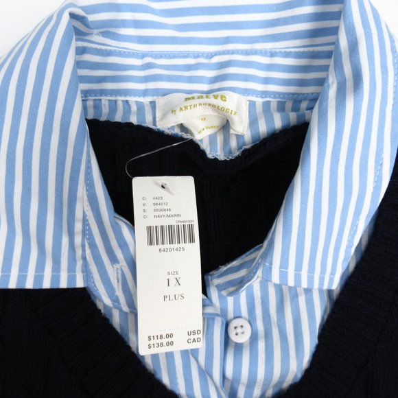 Anthropologie Maeve Cable Short-Sleeve Twofer Sweater Navy Blue 1X Plus - Picture 8 of 8